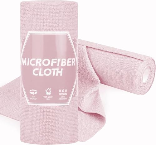 Acolidas Microfiber Cleaning Cloths Roll, Reusable & Washable, Absorbent Lint-Free Rags for Cars, Kitchen, Windows, and Household Cleaning(Pink)