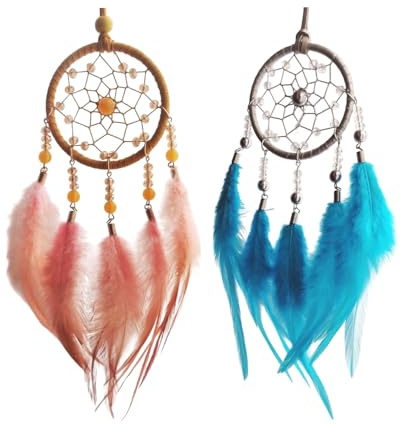 MYGLOAR 2 pezzi di acchiappasogni, acchiappasogni di piume fatti a mano, per ragazze e bambini come regali, decorazioni per auto da camera da letto per bambini, artigianato (Blu + Arancione)