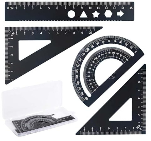 GHPKOTW 4 Piezas Juego De Reglas De Aluminio, Escuadra Cartabón Y Transportador, Kit De Geometría Matemática, Para Estudiantes, Profesores, Arquitectos, Ingenieros,Con caja