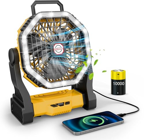 Wastou 10000 mAh Wiederaufladbarer Campinglüfter Mit Licht, 4-Stufen Tischventilator mit Akku, Tragbarer USB-Zeltlüfter mit Drehhaken, Leiser Tischventilator Für Zuhause, Outdoor, Angeln