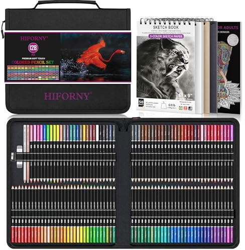 HIFORNY 128 PCS Colored Pencils Set for Adults – 120 Soft Core Coloring Pencils with Sketchbook, Coloring Book, Blender, Burnisher, Eraser, Sharpener & Color Chart – in Durable Zipper Case