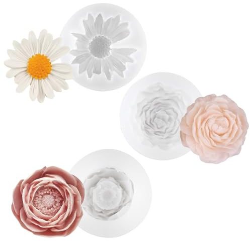 3D silikonform blommor, silikonformsset, 3 stycken ljusformer blommor, transparent silikon tvål blomma formar, ljusformer, rosa chokladform (pion, ros, krysantemum)
