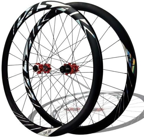 Paire De Roues pour Vélo De Route 700C Axe Traversant R12x142mm Roues Avant Et Arrière Moyeux À Frein À Disque Jantes en Alliage D'aluminium pour Cassette 8-12 Vitesses(Red,F12x100mm)