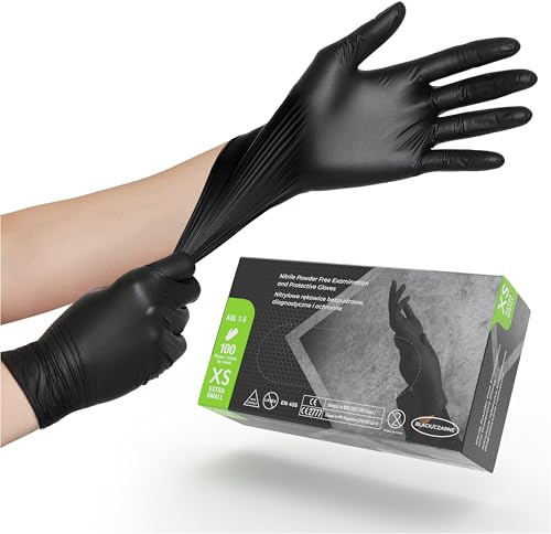 Nitrilhandschuhe Schwarz Puderfrei – Einmal Untersuchungs- & Schutzhandschuhe – Latexfrei, Reißfest, Chemikalienbeständig, Lebensmittelecht – 100 Stück Größe [S/M/L] (Schwarz, XS)