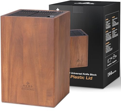 Acacia Wood Universal Knife Block with Plastic Slot Top, Kitchen Knife Holder for Knives, Scissors & Sharpening Rod, Easy-Clean Countertop Storage Organizer