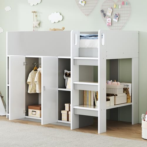 ECLIVON Cama Infantil Litera 90x200 con Armario y Escalera para Niños y Niñas, Cama Alta con Espacio de Almacenamiento y Rstante, Cama de Casa con Protección Anticaídas y Somier, Sin Colchón (Gris)