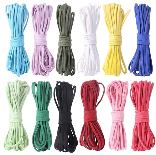 12 Piezas De 3mm x 5m Cordón De Ante Sintético Colorido para DIY Pulsera, Collar, Bisutería Y Enfilado, Incluye 100 Clips
