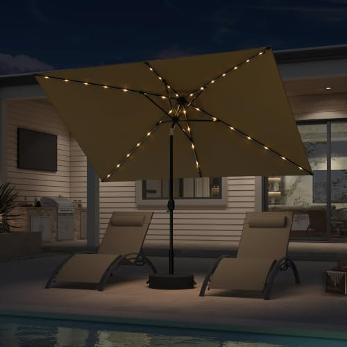 PURPLE LEAF Sonnenschirm 200 × 300 cm LED mit Sandsack 30° Neigbar, Beige | Solar-LEDs für langen Betrieb, Einfache Kurbel, Flexibel kippbar, Marktschirm UV-Schutz , Stabile 6 Rippen, Lichtecht