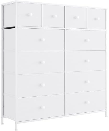 Clevich Commode pour Chambre à Coucher, Armoire à 12 Tiroirs en Tissu Meuble de Rangement avec Dessus en Bois et Grand Espace de Rangement Chambre à Coucher, Salon, Entrée (Blanc)