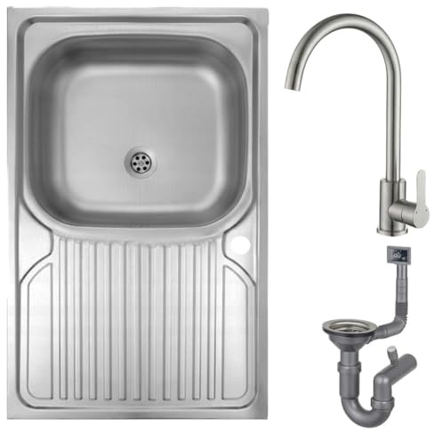 DomoDomo – Fregadero de cocina de 80 x 60 cm de acero inoxidable con escurridor – Fregadero con grifo – Fregadero con grifo y sifón – Fregadero de acero inoxidable