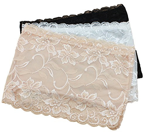LUOEM Bandeau Tube Top Floral Lace Strapless Bandeau Tube Top 3pcs Black, white, skin color Size XL