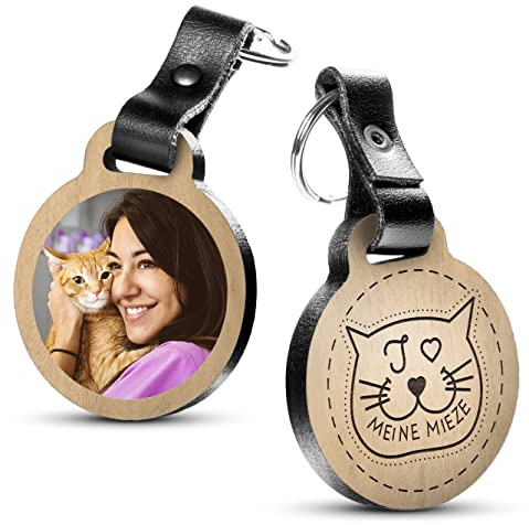 schenkYOU Premium Schlüsselanhänger mit Foto aus Eichenholz und dunklem Echtleder - personalisierte Geschenkidee zu für Muttertag - Gravur „I Love meine Mieze“