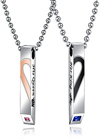 JewelryWe Schmuck Freundschaftsketten mit kostenloser Gravur, Edelstahl Partner-Anhänger Halskette mit His Queen Her King Krone Herz, Paar Anhänger Kette für Damen Herren, Schwarz Rosegold Silber