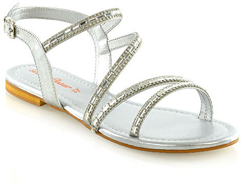 ESSEX GLAM Womens Strappy Flat Sandals Ladies T-Bar Embellished Diamante Sparkly Silver Shoes Size 8