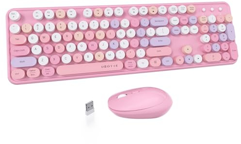 UBOTIE Colorful Computer Wireless Keyboard Mice Combo, Retro Typewriter Flexible Keys Office Full-Sized Keyboard, 2.4GHz Dropout-Free Connection and Optical Mouse (Pink-Colorful)