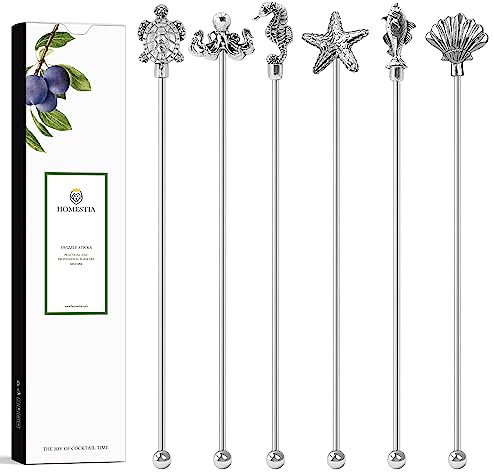 Homestia 6-Pieces 7.5'' Metal Stir Sticks, Coffee Stirrers, Swizzle Sticks | Reusable Stainless Steel Cocktail Stirrers, Zinc Alloy Marine Life Head Beverage Drink Stirring Set for Bars Cafes Home Use