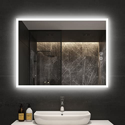 byecold Badspiegel mit Beleuchtung, LED Badezimmerspiegel 80x60CM, Wandspiegel Bad Spiegel mit Touchschalter, Beschlagfrei Dimmbar Warmweiß Kaltwei