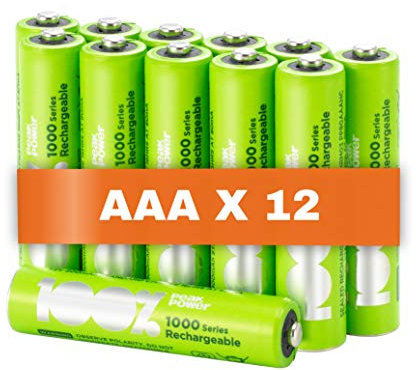 Batterie Ricaricabili AAA - Set da 12 - Serie 1000 | 100% PeakPower | Pile Ministilo NIMH AAA - Alta Capacità