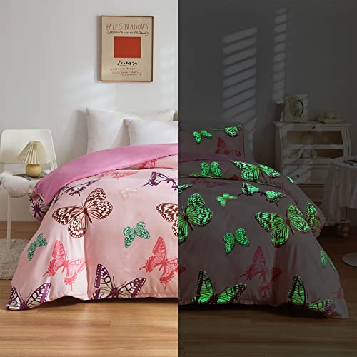 Homewish Ropa de cama luminosa de 135x200 cm, diseño de mariposas, decoración luminosa, funda de edredón con estampado de mariposas en la oscuridad, funda de almohada de 80x80 cm