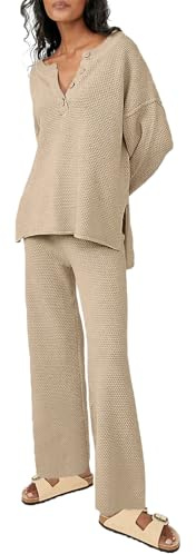 Uusollecy Zweiteiler Strickanzug Damen Set Weitem Bein Loungewear Set Jogginganzug Khaki M