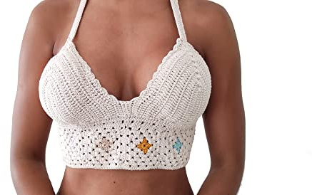 Crop Top de Crochet Mujer Hecho a Mano – Top Ganchillo Verano 100% Algodón – Camiseta de Tirantes con Cordones en Espalda – Estilo Boho Chic (Beis, M)