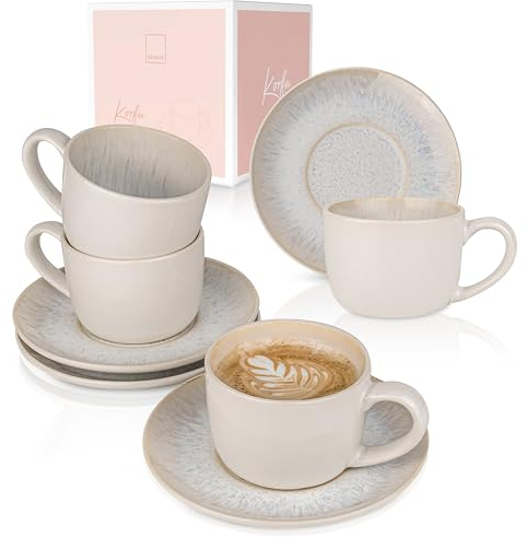 Sänger | Kaffeetassen Set mit Untertasse Korfu 8 tlg, Kaffeetassen und Untertassen 4 Personen, Steingut Kaffeeservice, Tassen Creme Farben & Sandiger Maserung im Inneren 160ml | PREMIUM COLLECTION