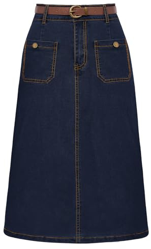 Belle Poque Women's Jean Skirt Knee Length Denim Belt Skirt for Women Dark Blue 2XL