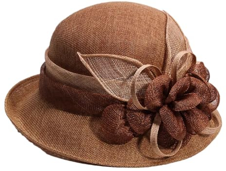 Damenhüte Derby Fedoras Sommer Kirche Elegante Blume Leinen Sonnenhut Frauen Vaction Wide Brimmed Cloche Hüte, Khaki9, 6 5/8/7 1/8