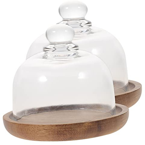 MAGICLULU Set Da 2 Vassoi Da Dessert Copertura in Vetro e Base in Legno, Porta Torta e Alzatina Per Dolci, Per Casa, Hotel e Ristoranti
