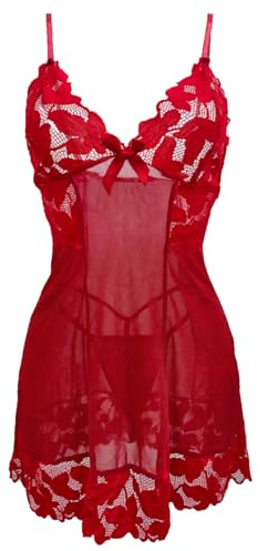 Satohom Damen Sexy Transparente Nachthemd Zweiteiliges Set Mesh Florale Dessous Kleid mit G-String Babydoll Push Up Nachtkleid Spitze Durchsichtig Kurz Nachtwäsche Tief V Reizwäsche Negligee