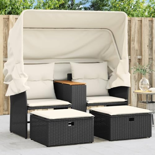 KOIECETA Gartensofa 2-Sitzer Outdoor Sofa mit Sonnendach Terrassensofa mit Hockern Gartenmöbel Sofagarnitur Gartengarnitur Poly Rattan Schwarz