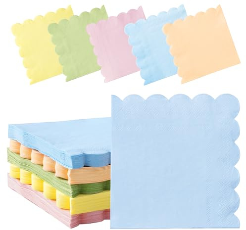 100 Pastel Rainbow Scalloped Cocktail Napkins, 3 Ply 5 x 5 Inch Beverage Napkins Paper Napkins Disposable Luncheon Napkins for Wedding Birthday Party Bridal Anniversary Baby Shower