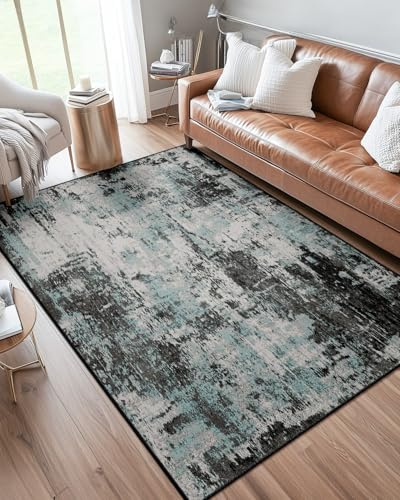 DEFYNEE Abstraktes Teppich Wohnzimmer 90x150 cm, rutschfest, Kurzflor aus Kunstwolle, waschbar, minimalistisch, Bettvorleger für Wohnzimmer, Schlafzimmer & Büro, Schwarzblau