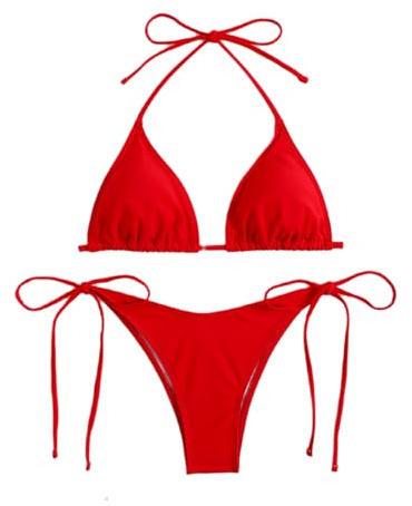 Bikini de Dos Piezas con Tirantes, Triangular (FR/ES, Letras, L, Regular, Regular, Rojo)