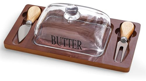 Mantequillera Francesa con Tapa de Vidrio y Cuchillo Doble, Mantequillera con Tapa de Vidrio Base de Bambú, Ideal para Mantequilla, Quesos y Postres, Regalo de Cocina Sostenible - marrón