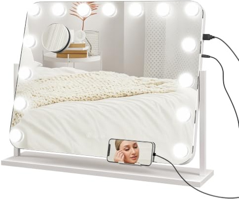 HOMCOM Hollywood Spiegel mit Beleuchtung 62,5x52 cm Schminkspiegel Weiß | 360°Drehbar, 15 LED, 3 Lichtfarben, USB-Ladeanschluss, Handyhalterung, Touchschalter, Kosmetikspiegel, 10X Vergrößerung
