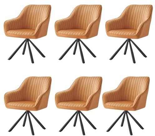 SONGMICS Esszimmerstuhl 6er Set, Küchenstuhl, Sessel drehbar, Samt, Polsterstuhl mit Armlehnen, bis 120 kg belastbar, Stahlbeine, für Esszimmer Küche, karamellbraun-tintenschwarz KDC161K16