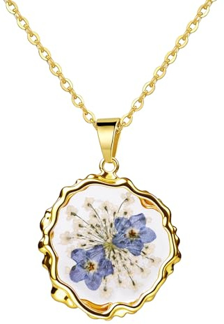 OIDEA Collier Femme Myosotis Fantaisie:Collier Pendentif Fleur Séchée Violet Acier InoxydableFantaisie Élégant Naturel Or - Cadeau Anniversaire Saint Valentin