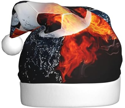 Juxweku Christmas Hat Football Soccer Ball Fire Water, Santa Claus Xmas Hat for Adult Women Men New Year Festive Decoration