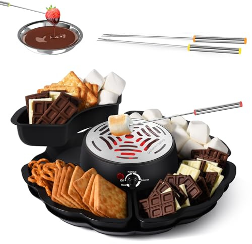 Chocolate Fondue Set, 2-in-1 Electric S’Mores Maker & Fondue Pot, Tabletop Indoor Smores Kit with 4 Roasting Forks, 4 Detachable Trays & Flameless Temperature-Controlled Heater, Family & Gift