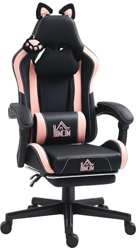 HOMCOM Gaming-Stuhl, Ergonomischer Gamer-Stuhl mit Lendenwirbelstütze, Fußstütze, Gaming-Sessel mit Katzenohren, Kopfkissen, Höhenverstellbar Bürostuhl mit Liegefunktion, Kunstleder, Schwarz