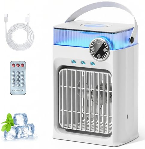 YFFU Condizionatore Portatile con Telecomando,Raffrescatore d'Aria 1200 ml, 8 Colori,3 Velocità 3 Modalità Nebbia,Timer 2-8 Ore,Mini Climatizzatore Portatile per Casa Ufficio Campeggio,Potrebbe Bianco