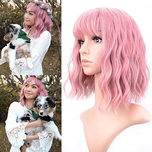 VCKOVCKO Pastel Wavy Wig With Air Bangs Women's Short Bob Purple Pink Wig Curly Wavy Shoulder Length Synthetic Cosplay Colorful Wigs for Girls (12,Purple Pink)