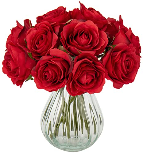 Briful Kunstblumen Künstliche Rosen Gefälschter Irischer Rosenstrauß Seidenrose Höhe 23cm, 12 Köpfe Rosen Seidenblumen Brautstrauß für Hochzeit Home Dekoration