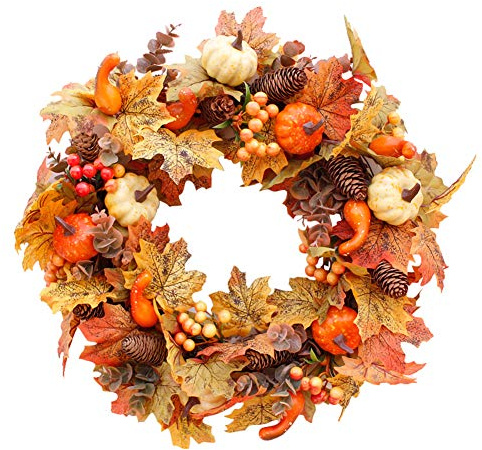 Künstlicher Herbstkranz, Dekorationen für die Haustür mit Ahornblatt, Ernte Haustürkranz mit Kürbis, Eichel, Beeren, Halloween-Kranz, Outdoor-Ornamente für Zuhause