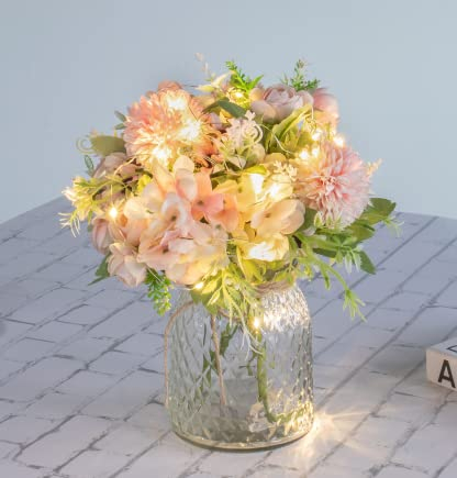 Artificial LED Pink Rose Flowers with Glass Vase, Remote Control Led Light, Flower Arrangement for Table Centerpiece, Home Office Wedding Decoration