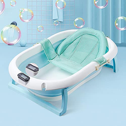 Bañera Para Bebés Plegable Para Niños Pequeños Lavabo De Ducha Plegable Para Bebés Baño Para Mascotas Piscina Infantil Con Tapón De Drenaje Pies Plegables-Azul + Con Termómetro + Red De Baño