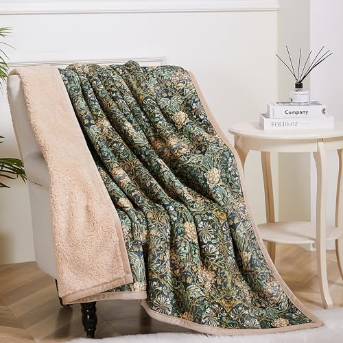 Obal William Morris Sherpa Fleece Blanket Bed Throw Blanket Fluffy Snuggle Blanket Large Throws for Sofas Settees Decorative Microfiber blankets (Honeysuckle, Twin/Double 150x200)