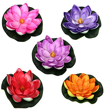 MYSUNBAR 5 unidades de nenúfar artificiales flotantes de 10 cm, flores de loto para estanque, de Eva Loto, nenúfar para acuario, fuente, estanque de jardín, decoración