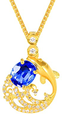 KnSam Gold 750 18 Karat Damen Kettenanhänger, Blau Saphir Ketten 0.76ct Karpfen Gelbgold Au750 Damen Halskette Modeschmuck mit Diamant Echt Gold Schmuck, Länge 45cm